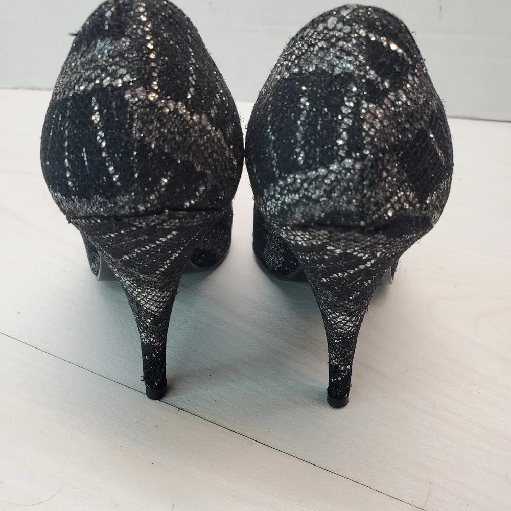 Wild Nights Womens Black Silver Metallic Lace Pointed Toe Stiletto Pumps Size 7B